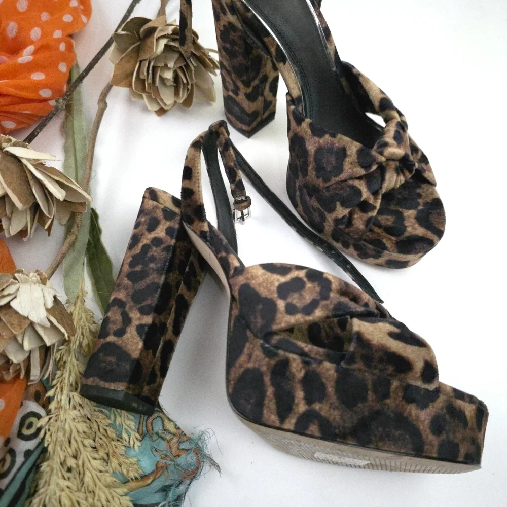 PAIGE Leopard Print Knot Front Platform Sandals - Brown Sz 8m - Picture 5 of 10